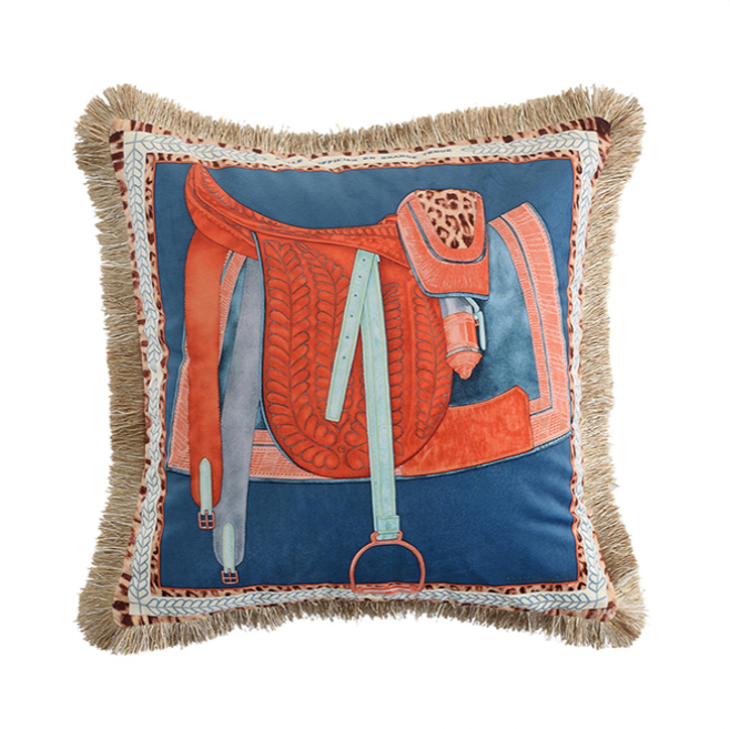 Teal Blue and Orange Saddleprint cushion with Gold Fringe