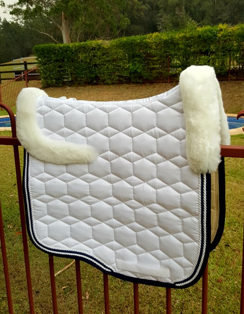 Mattes White New Style SHEEN saddlepad with NAVY Binding and Contrast Pipings